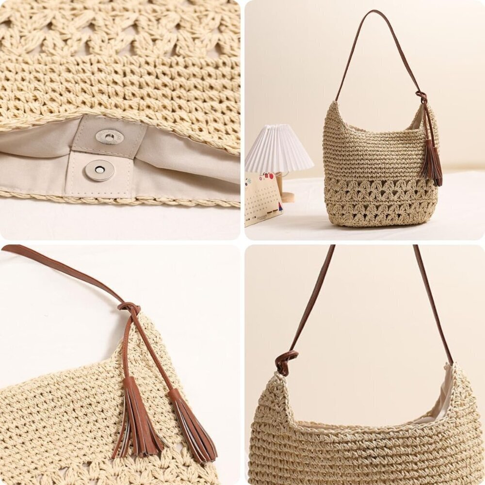 Women's Straw Woven Tote Bag Handmade Crochet Beach Vacation Shoulder Bag - Picture 5 of 8
